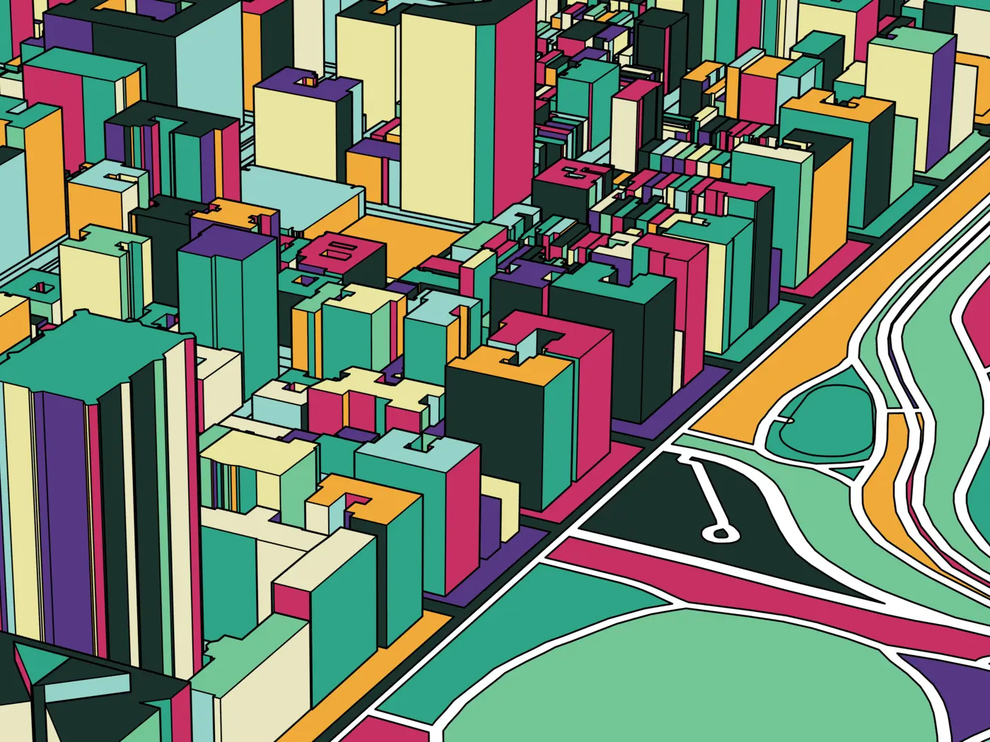 Colorful illustration of major city next to open space