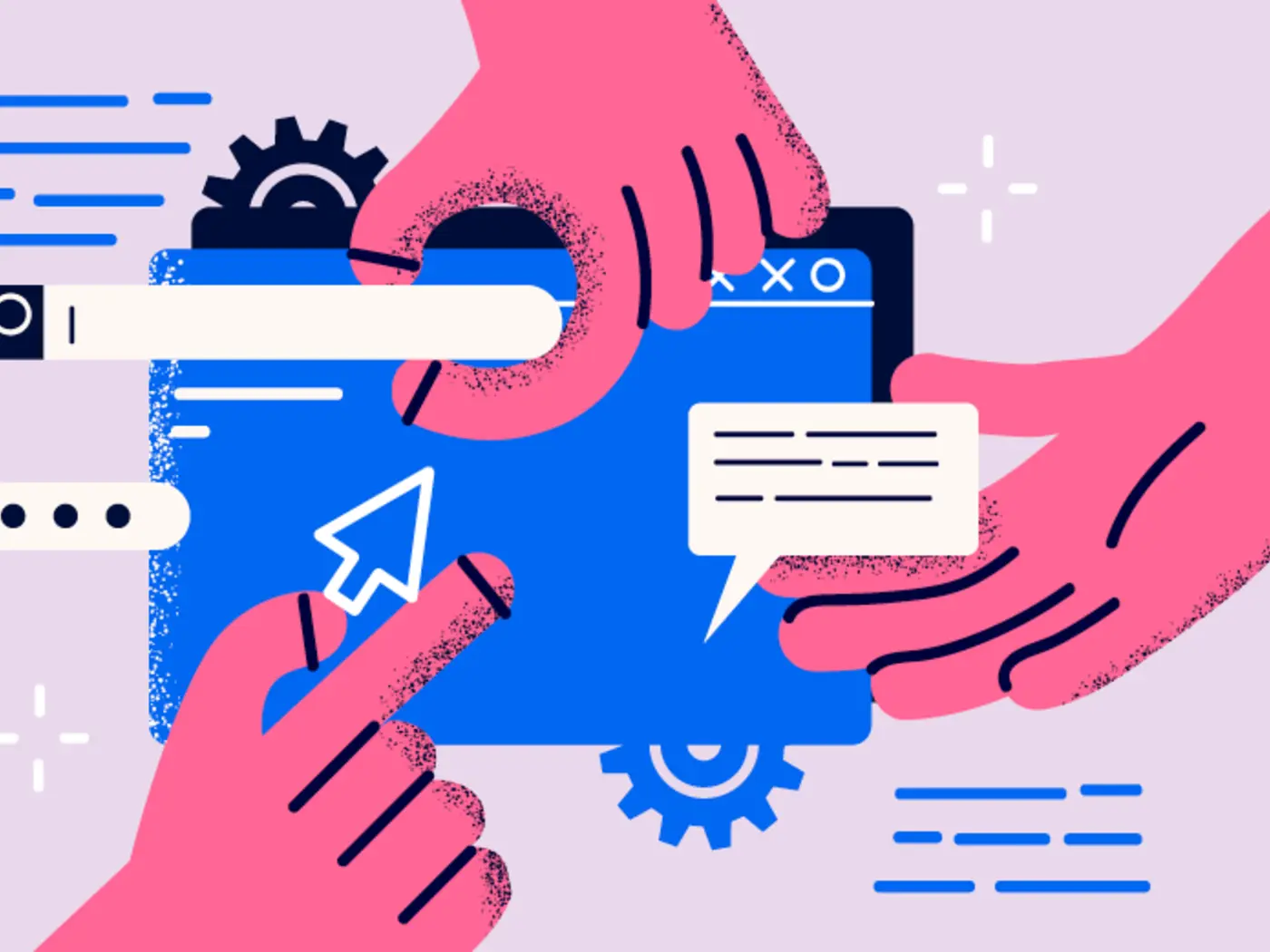 Illustration of hands manipulating widgets on a screen