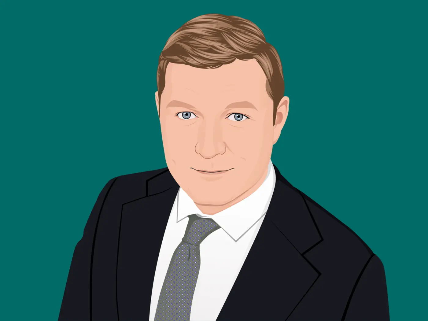 Illustration of man in suit in front of dark green background