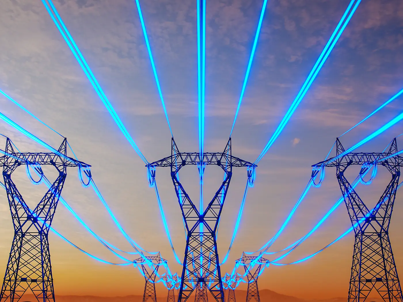 neon blue illustrated high-voltage power lines 