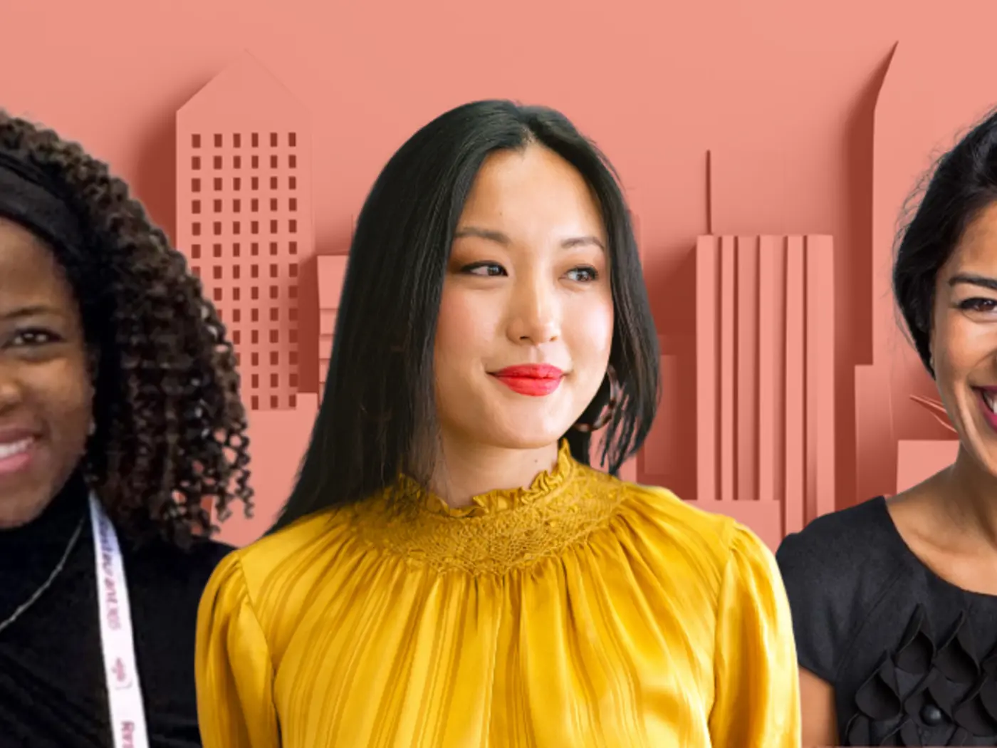 three women in front of city skyline