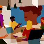 An illustration of a boardroom meeting with some employees in the office and some on screens remotely