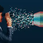 woman facing a pixilated rainbow meant to represent data