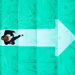 A business person walks up stairs with an arrow pointing to the right. The stairs is juxtaposed with imagery of US dollar bills.
