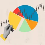 A hand holding a wedge from a pie chart with a stock ticker in the background