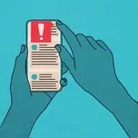 Illustration of two hands holding a phone on a teal background. The phone screen has a red exclamation point as well as several posts. 