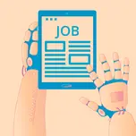 Robot hands typing a job listing on a tablet