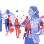 A collage of employees, artificial intelligence, and geometric shapes