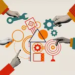 Illustration of a hand holding a cogwheel; a hand holding a wrench; and a hand holding a magnifying glass
