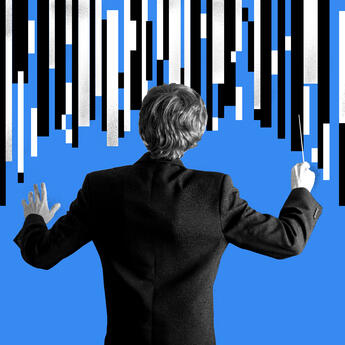 A person in business attire holding a maestro baton orchestrating data imagery in the background