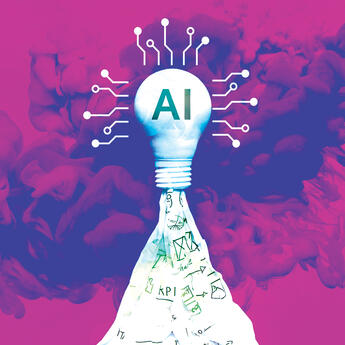 A lightbulb with the abbreviation "Ai" on it seems to be flying like a rocket ship