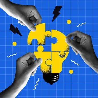 Hands holding pieces to a lightbulb puzzle