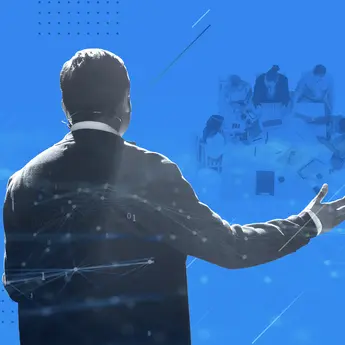 Digital imagery juxtaposed with business leader and employees