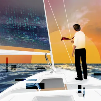 Illustration of a business person sailing a boat with sails made of binary code