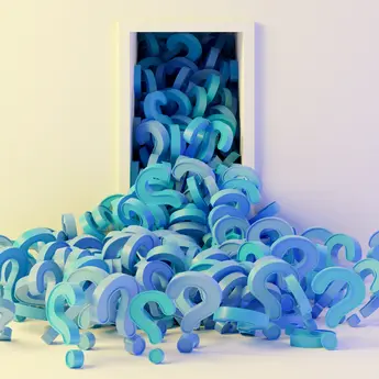 A sea of question marks spills out of a door