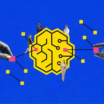 Various employees working with a graphic of an AI brain