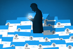 Illustration of a person being swarmed with online bots