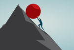 Person lifting an incredibly huge boulder up a mountain