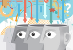 Illustration of parts and arrows going in and out of human heads