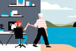 A retiring employee receives paperwork from colleague and heads off into a peaceful ocean landscape