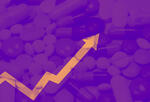 Chart arrow line over pharmaceutical pills background