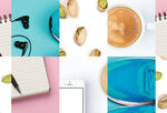 Collage of objects, including pistachios, coffee mug, earphones, sneakers, mobile device, and notebook and pen.