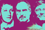 Mark Zuckerberg, Steve Jobs, Bill Gates on purple background