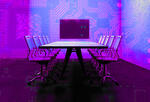A corporate board room with digital circuitry running along the walls.