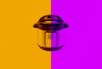 a silver and black instant pot on a graphic orange and neon purple split screen