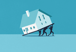 Three silhouetted people holding up a house