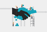 illustration of two hands shaking while workers load and transfer boxes on them