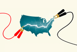 An illustration of jumper cables attached to the United States, signifying a jumpstart to American development.