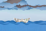 boat made of a dollar bill floating in a sea with clouds overhead