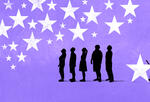 Illustration of a group of employees being distracted by stars, while one employee diligently works at a desk made of a star.
