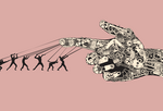 drawing of humans trying to harness a large robot hand