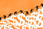 people in silhouette helping one another climb up a mountain of dollar bill signs