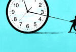 person tugging on the elongated minute hand of a giant clock, dragging it toward them