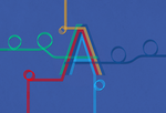 a styled capital A with curlicues of different colors intersecting around it