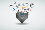 a gray cube breaks apart at the top to become colorful birds flying away