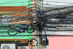 Tangled electric utility lines.