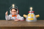 child giving thumbs-up sign sitting next to a rudimentary robot, both with lightbulbs on their heads