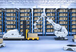 a large warehouse with various robots moving goods around