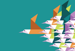 Illustration of flock of birds with one bird pulling ahead