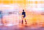 Businessman walks into abstract numbers illustration
