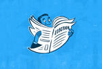 Illustration of a man reading a newspaper in the shape of a twitter bird that says "Election"