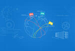 Illustration of a blueprint of a globe and technological innovation