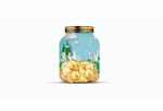 terrarium jar with coins, plants, blue sky and white clouds