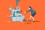 Illustration of frustrated customer destroying a self-checkout kiosk at grocery store.