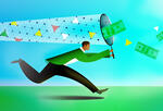 Running man capturing flying dollars with a digital net