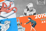 A composite illustration of illustrations, including an octopus climbing out from inside a keyboard, Lucy from I Love Lucy, a set of trees, a man reading a news paper, a woman destroying a self-checkout machine, and the state of Delaware.